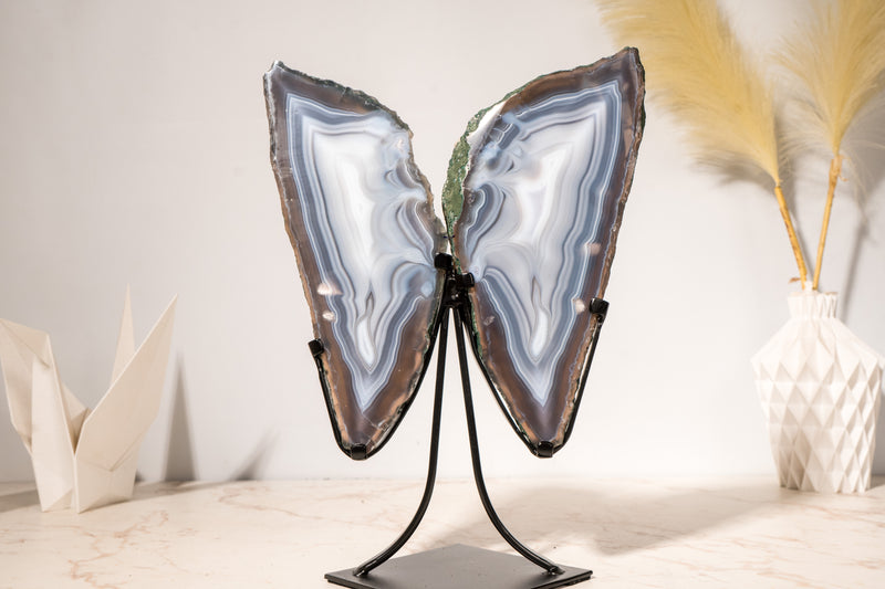 All - Natural Blue Lace Agate Geode Wings – Gorgeous Agate Drawings and a Polished Butterfly on Stand - 13 In - 5 Lb - E2D Crystals & Minerals