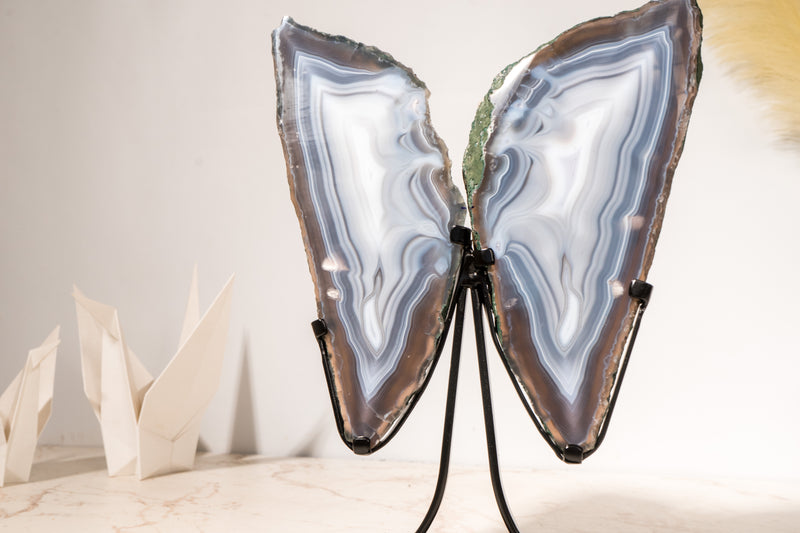 All - Natural Blue Lace Agate Geode Wings – Gorgeous Agate Drawings and a Polished Butterfly on Stand - 13 In - 5 Lb - E2D Crystals & Minerals