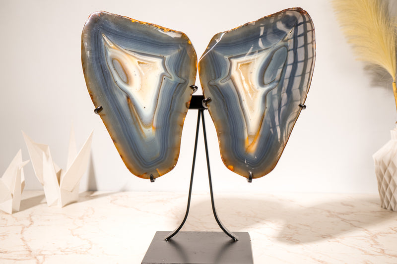 Large Blue & Amber Agate Geode Butterfly Wings, 100% Natural Blue and Amber Crystal Agate Geode, Crystal Art Sculpture - 25 Lb, 17 In. - E2D Crystals & Minerals