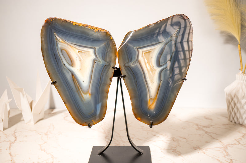 Large Blue & Amber Agate Geode Butterfly Wings, 100% Natural Blue and Amber Crystal Agate Geode, Crystal Art Sculpture - 25 Lb, 17 In. - E2D Crystals & Minerals