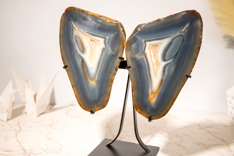 Large Blue & Amber Agate Geode Butterfly Wings, 100% Natural Blue and Amber Crystal Agate Geode, Crystal Art Sculpture - 25 Lb, 17 In. - E2D Crystals & Minerals