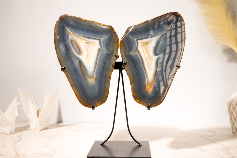 Large Blue & Amber Agate Geode Butterfly Wings, 100% Natural Blue and Amber Crystal Agate Geode, Crystal Art Sculpture - 25 Lb, 17 In. - E2D Crystals & Minerals