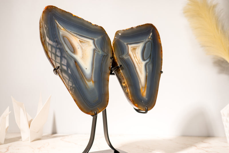 Large Blue & Amber Agate Geode Butterfly Wings, 100% Natural Blue and Amber Crystal Agate Geode, Crystal Art Sculpture - 25 Lb, 17 In. - E2D Crystals & Minerals