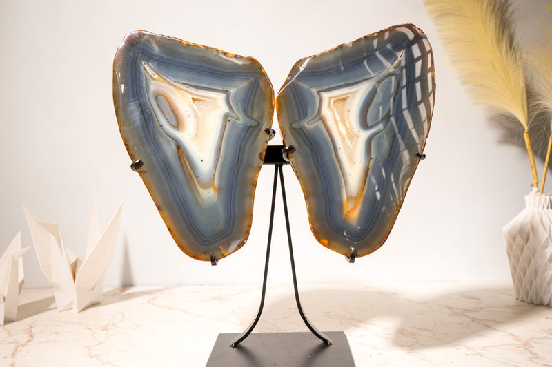 Large Blue & Amber Agate Geode Butterfly Wings, 100% Natural Blue and Amber Crystal Agate Geode, Crystal Art Sculpture - 25 Lb, 17 In. - E2D Crystals & Minerals