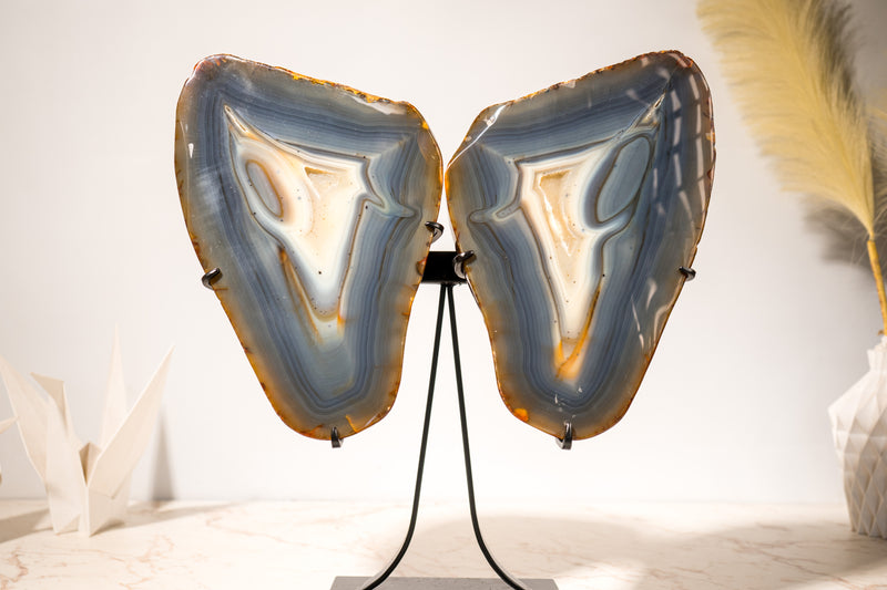 Large Blue & Amber Agate Geode Butterfly Wings, 100% Natural Blue and Amber Crystal Agate Geode, Crystal Art Sculpture - 25 Lb, 17 In. - E2D Crystals & Minerals