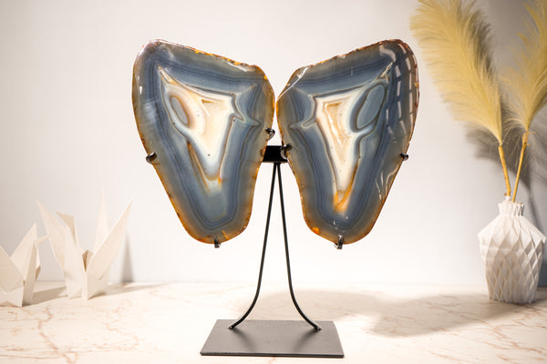 Large Blue & Amber Agate Geode Butterfly Wings, 100% Natural Blue and Amber Crystal Agate Geode, Crystal Art Sculpture - 25 Lb, 17 In. - E2D Crystals & Minerals