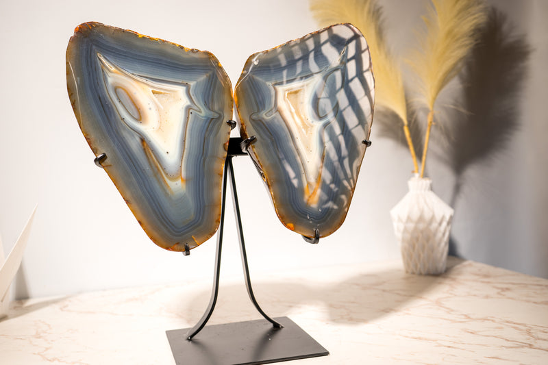 Large Blue & Amber Agate Geode Butterfly Wings, 100% Natural Blue and Amber Crystal Agate Geode, Crystal Art Sculpture - 25 Lb, 17 In. - E2D Crystals & Minerals