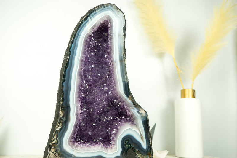 Natural Agate Geode in Cathedral Formation with Rare White and Blue Lace Agate and Amethyst