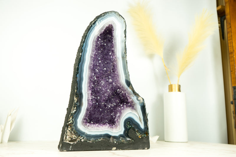 Natural Agate Geode in Cathedral Formation with Rare White and Blue Lace Agate and Amethyst