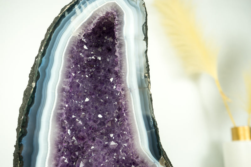 Natural Agate Geode in Cathedral Formation with Rare White and Blue Lace Agate and Amethyst