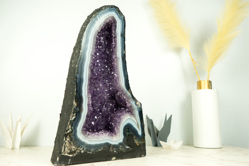 Natural Agate Geode in Cathedral Formation with Rare White and Blue Lace Agate and Amethyst