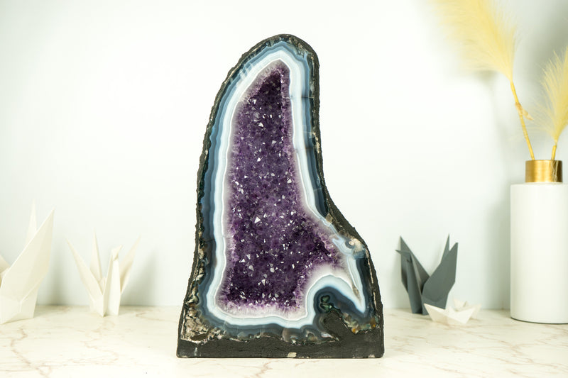 Natural Agate Geode in Cathedral Formation with Rare White and Blue Lace Agate and Amethyst