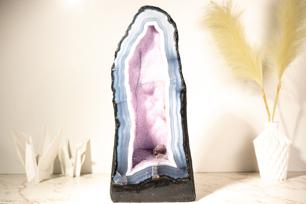 Rare Lace Agate Cathedral Geode – 43 lb, 20 in Tall with Striped White & Blue Agate and Pastel Pink Galaxy Druzy - Agate Amethyst Geode - E2D Crystals & Minerals