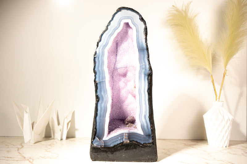 Rare Lace Agate Cathedral Geode – 43 lb, 20 in Tall with Striped White & Blue Agate and Pastel Pink Galaxy Druzy - Agate Amethyst Geode - E2D Crystals & Minerals