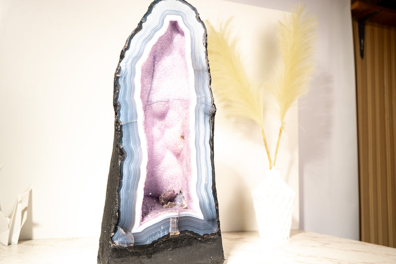 Rare Lace Agate Cathedral Geode – 43 lb, 20 in Tall with Striped White & Blue Agate and Pastel Pink Galaxy Druzy - Agate Amethyst Geode - E2D Crystals & Minerals