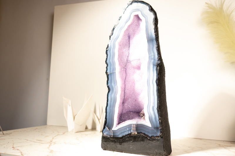 Rare Lace Agate Cathedral Geode – 43 lb, 20 in Tall with Striped White & Blue Agate and Pastel Pink Galaxy Druzy - Agate Amethyst Geode - E2D Crystals & Minerals