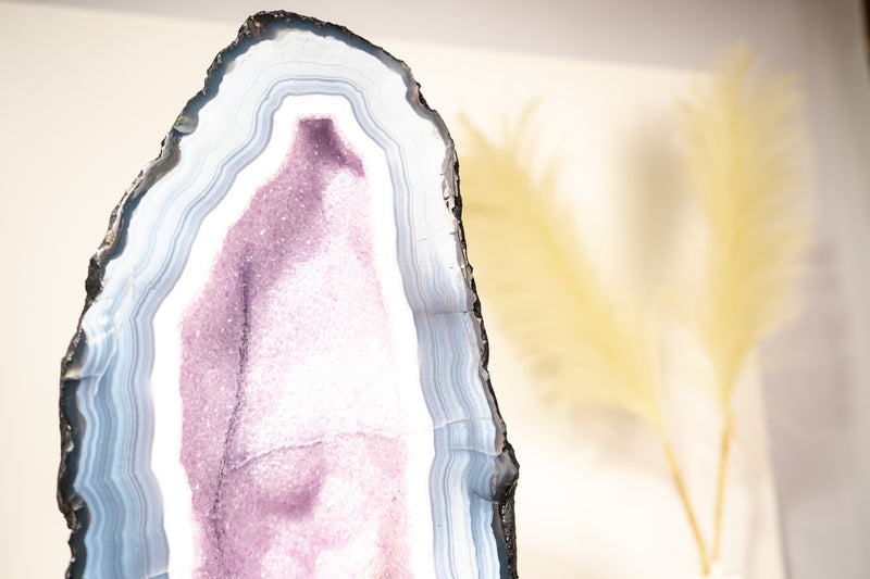 Rare Lace Agate Cathedral Geode – 43 lb, 20 in Tall with Striped White & Blue Agate and Pastel Pink Galaxy Druzy - Agate Amethyst Geode - E2D Crystals & Minerals