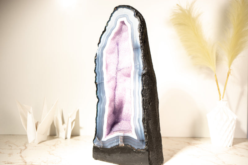 Rare Lace Agate Cathedral Geode – 43 lb, 20 in Tall with Striped White & Blue Agate and Pastel Pink Galaxy Druzy - Agate Amethyst Geode - E2D Crystals & Minerals