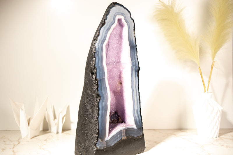 Rare Lace Agate Cathedral Geode – 43 lb, 20 in Tall with Striped White & Blue Agate and Pastel Pink Galaxy Druzy - Agate Amethyst Geode - E2D Crystals & Minerals