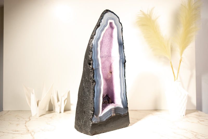 Rare Lace Agate Cathedral Geode – 43 lb, 20 in Tall with Striped White & Blue Agate and Pastel Pink Galaxy Druzy - Agate Amethyst Geode - E2D Crystals & Minerals