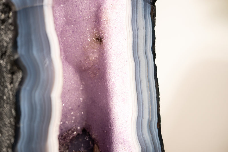 Rare Lace Agate Cathedral Geode – 43 lb, 20 in Tall with Striped White & Blue Agate and Pastel Pink Galaxy Druzy - Agate Amethyst Geode - E2D Crystals & Minerals