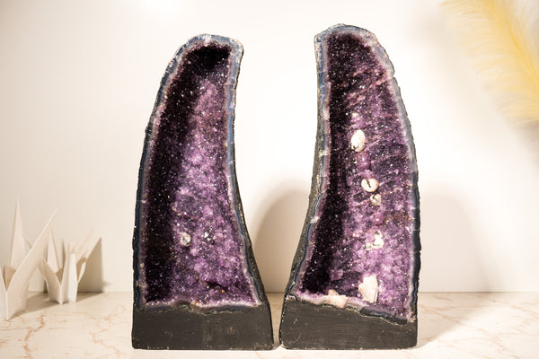 Pair of All - Natural Amethyst Geodes with Rare Calcite Inclusions and Rich Purple Amethyst, Book Matching, 17 In - 32 Lb - E2D Crystals & Minerals