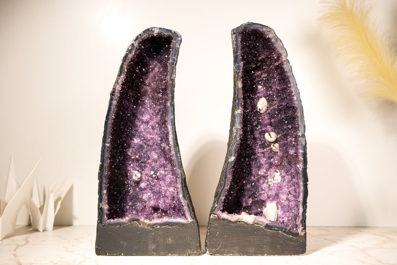 Pair of All - Natural Amethyst Geodes with Rare Calcite Inclusions and Rich Purple Amethyst, Book Matching, 17 In - 32 Lb - E2D Crystals & Minerals