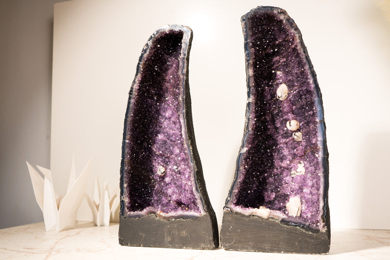 Pair of All - Natural Amethyst Geodes with Rare Calcite Inclusions and Rich Purple Amethyst, Book Matching, 17 In - 32 Lb - E2D Crystals & Minerals