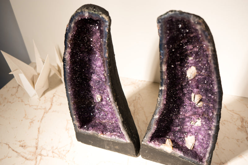 Pair of All - Natural Amethyst Geodes with Rare Calcite Inclusions and Rich Purple Amethyst, Book Matching, 17 In - 32 Lb - E2D Crystals & Minerals