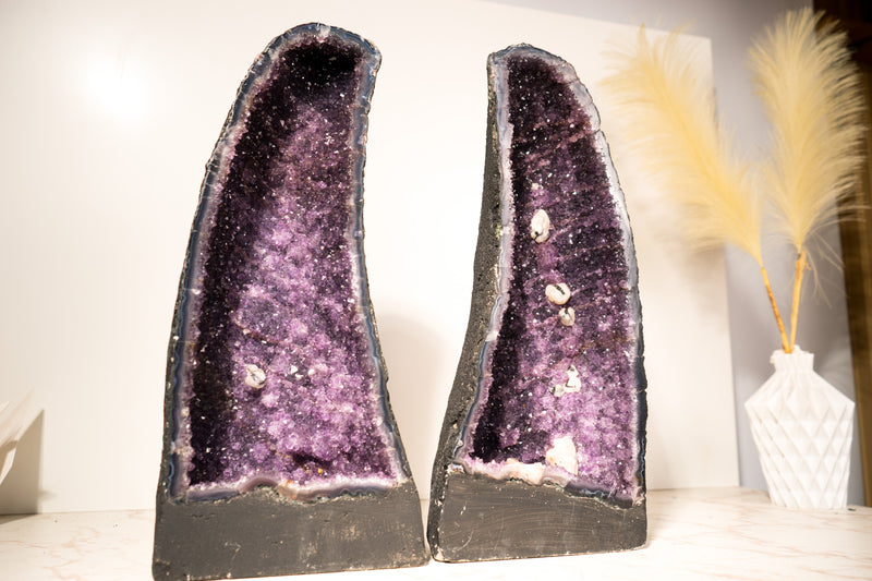 Pair of All - Natural Amethyst Geodes with Rare Calcite Inclusions and Rich Purple Amethyst, Book Matching, 17 In - 32 Lb - E2D Crystals & Minerals