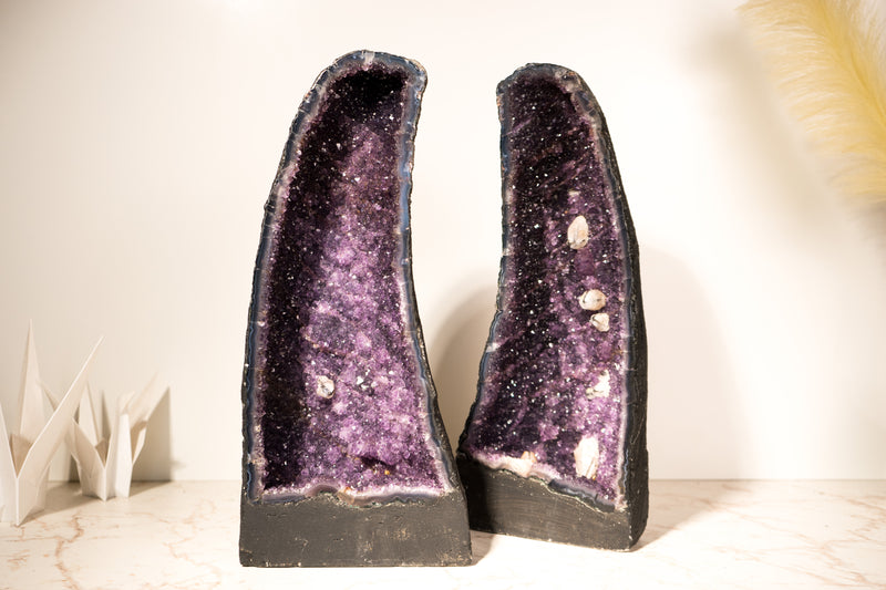 Pair of All - Natural Amethyst Geodes with Rare Calcite Inclusions and Rich Purple Amethyst, Book Matching, 17 In - 32 Lb - E2D Crystals & Minerals