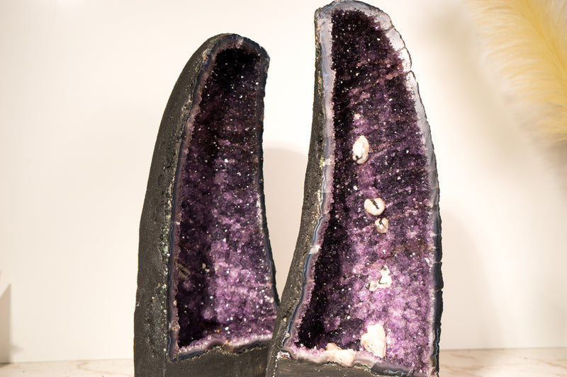 Pair of All - Natural Amethyst Geodes with Rare Calcite Inclusions and Rich Purple Amethyst, Book Matching, 17 In - 32 Lb - E2D Crystals & Minerals