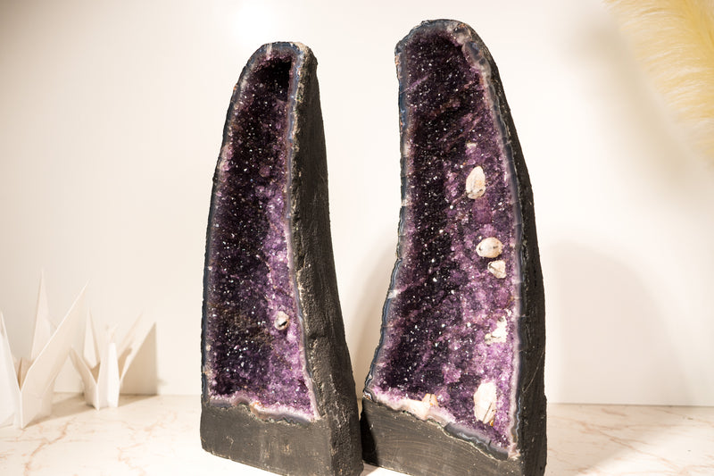 Pair of All - Natural Amethyst Geodes with Rare Calcite Inclusions and Rich Purple Amethyst, Book Matching, 17 In - 32 Lb - E2D Crystals & Minerals