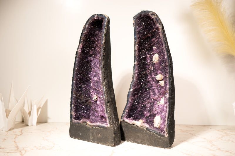 Pair of All - Natural Amethyst Geodes with Rare Calcite Inclusions and Rich Purple Amethyst, Book Matching, 17 In - 32 Lb - E2D Crystals & Minerals