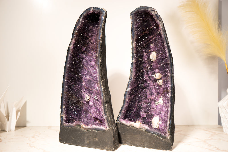 Pair of All - Natural Amethyst Geodes with Rare Calcite Inclusions and Rich Purple Amethyst, Book Matching, 17 In - 32 Lb - E2D Crystals & Minerals