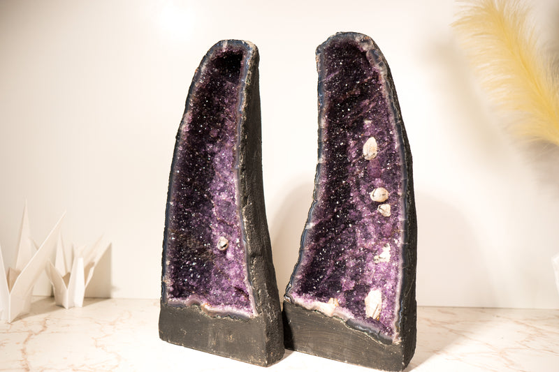 Pair of All - Natural Amethyst Geodes with Rare Calcite Inclusions and Rich Purple Amethyst, Book Matching, 17 In - 32 Lb - E2D Crystals & Minerals