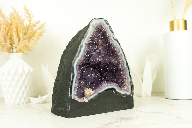 Lace Agate Geode with Lavender Amethyst with Flower Rosettes