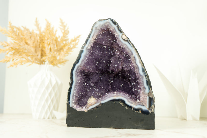 Lace Agate Geode with Lavender Amethyst with Flower Rosettes