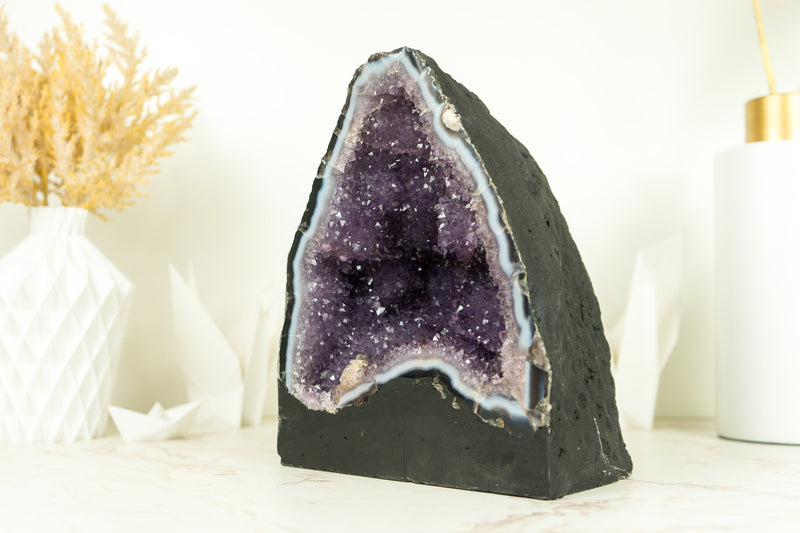 Lace Agate Geode with Lavender Amethyst with Flower Rosettes