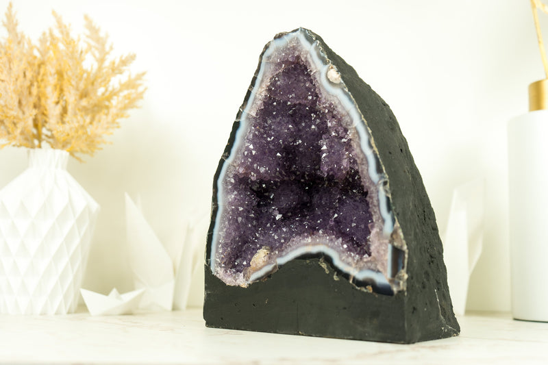 Lace Agate Geode with Lavender Amethyst with Flower Rosettes