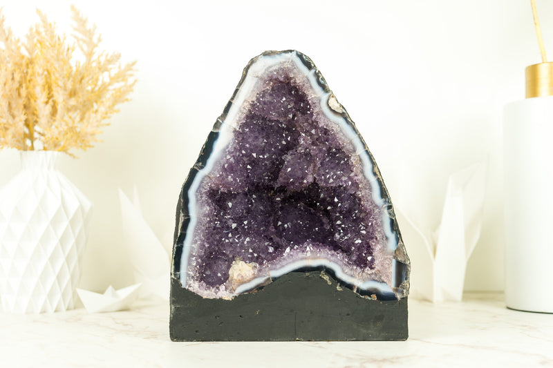 Lace Agate Geode with Lavender Amethyst with Flower Rosettes