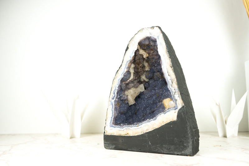 Blaue Spitzenachat-Geode mit Lavendel-Amethyst-Druse, Galaxy-Amethyst-Druse