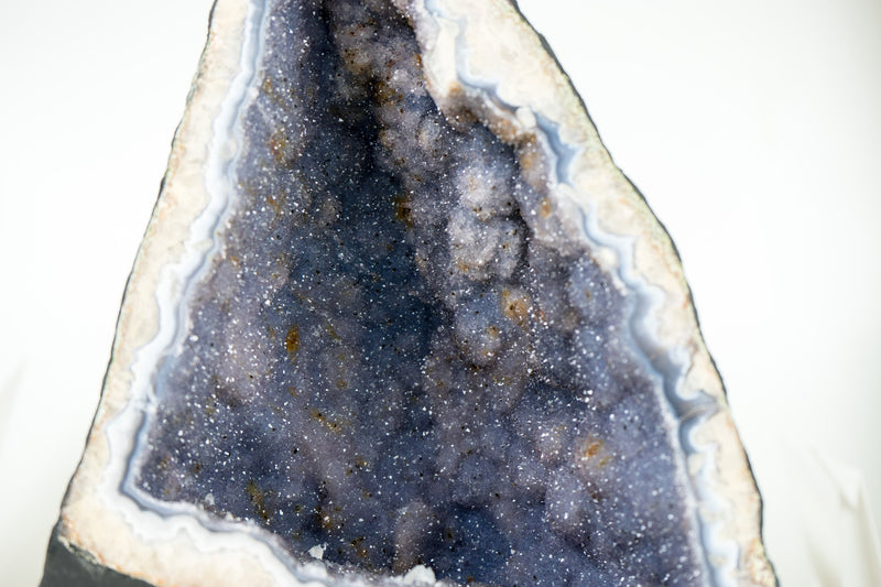 Seltene blaue Spitzenachat-Geode mit Lavendel-Amethyst-Druzy, Galaxy-Amethyst-Druzy