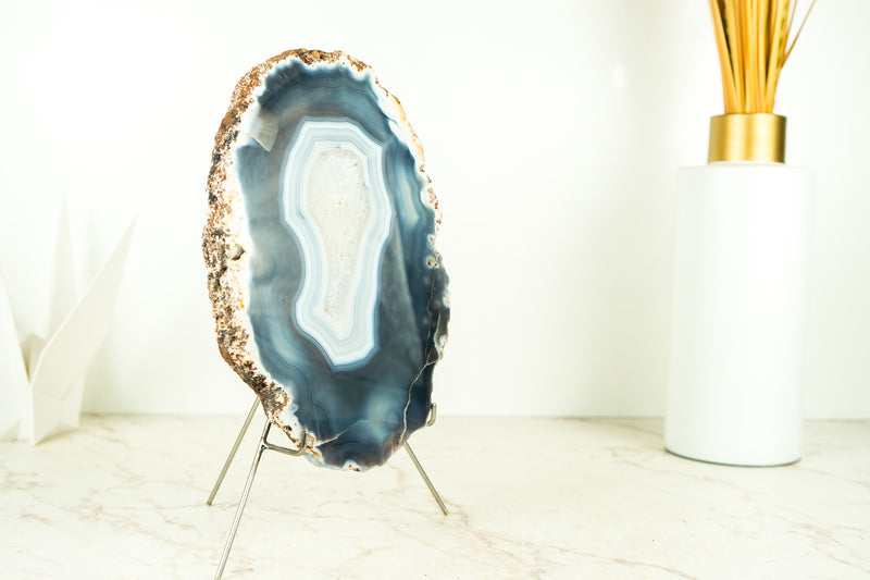 Lace Agate Geode on Stand with Natural Blue Banded Agate - 2.2 Kg - 4.7 lb