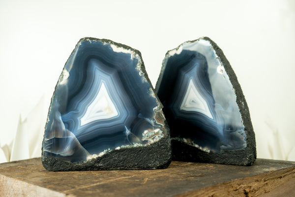 Pair of Blue Agate Geodes with All-Natural Sea-Blue and White Agate Laces