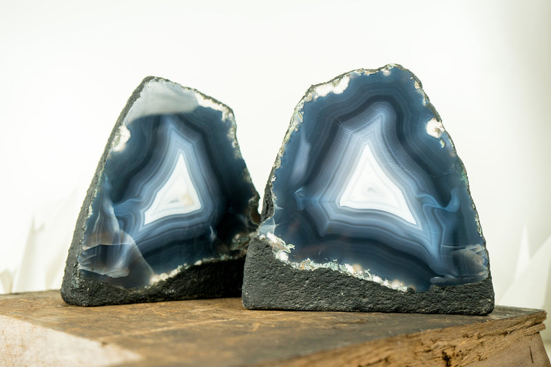 Pair of Blue Agate Geodes with All-Natural Sea-Blue and White Agate Laces