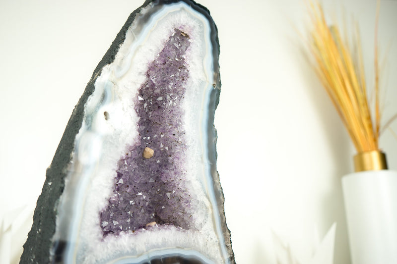 White and Blue Lace Agate Cathedral Geode with Lavender Amethyst Crystal