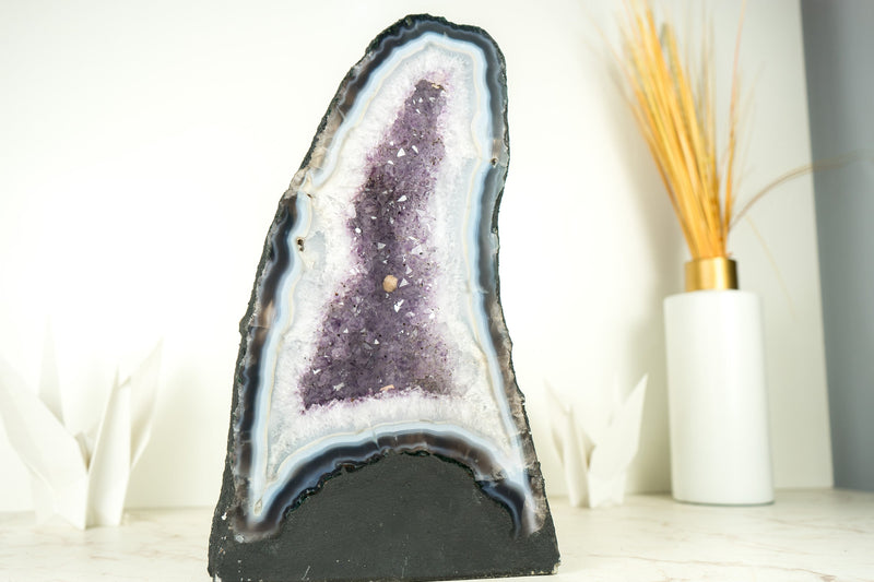 White and Blue Lace Agate Cathedral Geode with Lavender Amethyst Crystal