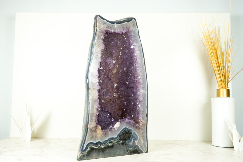 Large Amethyst Geode Cathedral with Shiny, Saturated Lavender Purple Amethyst and Polished Blue Agate Back