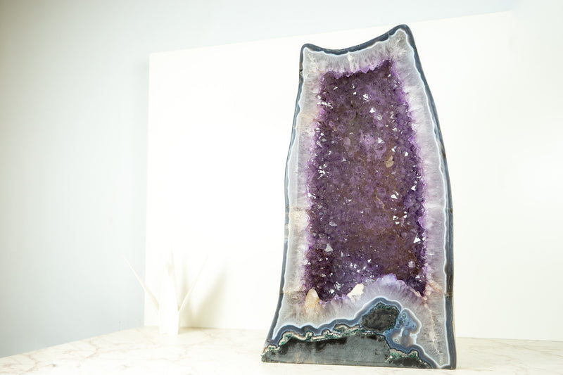 Large Amethyst Geode Cathedral with Shiny, Saturated Lavender Purple Amethyst and Polished Blue Agate Back